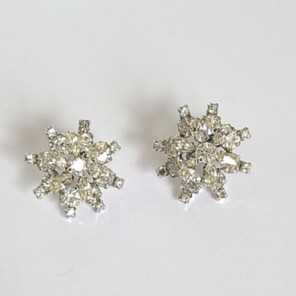 Vintage Sterling Silver Crystal Cluster Snowflake Chunky Large Stud Earrings - Picture 5 of 10